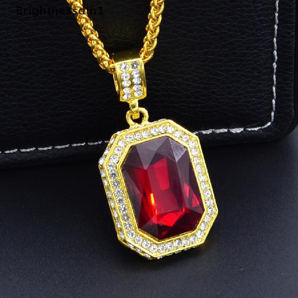 [Brightnessdin1] Bertatahkan Berlian Persegi Ruby Kalung Hip Hop Pria Liontin Batu Merah Liontin Vintage Perhiasan Kostum Aksesoris Butik