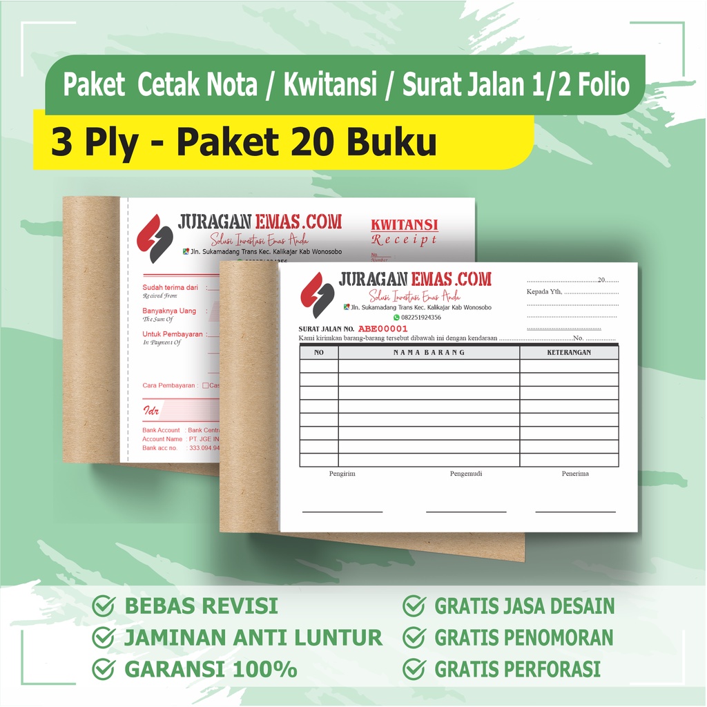 

cetak Nota custom 3 ply / Paket 20 buku 3 Rangkap ( 1 RIM ) nota custom surat jalan custom BEBAS DESAIN