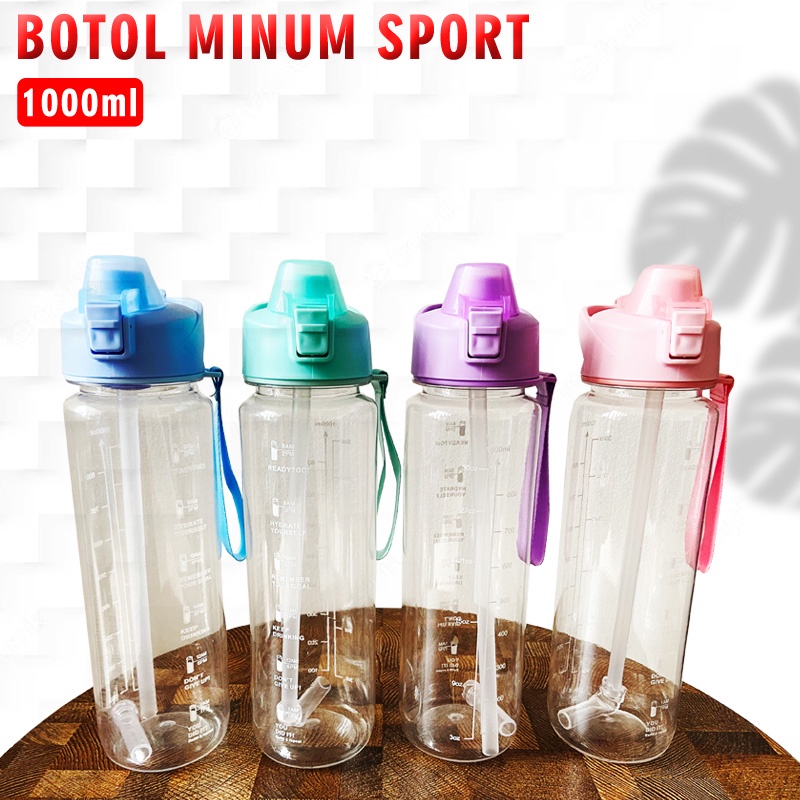 Botol Viral Botol Motivasi 1 Liter Bening Free Stiker 2D+3D Dengan Tali