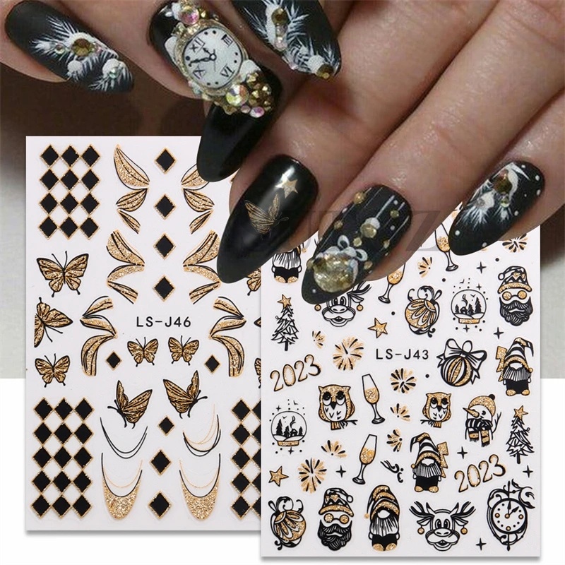 2023fashion Stiker Kuku Tahun Baru/Jam Desain Geometris Hewan Nail Decals