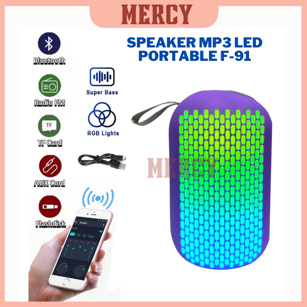 Speaker PORTABLE BT LED SUPER BASS TYPE F-91/ SPEAKER FULL BASS MINI BT PORTABLE MURAH