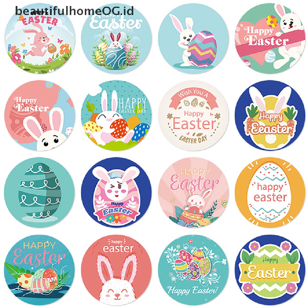 // Beautifulhomeog.id// 500pcs/roll Stiker Happy Easter Kelinci Lucu Sealing Sticker Decor Tag **