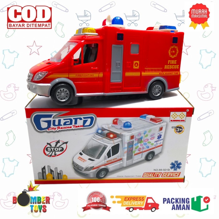 MAINAN ANAK MOBIL BATERAI BUMP N GO AMBULANCE POLICE PEMADAM LAMPU DHL SIRENE KADO KOLEKSI