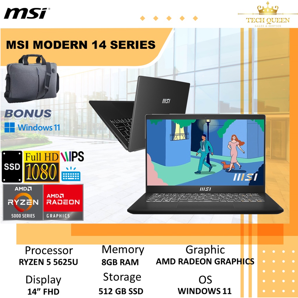 MSI MODERN 14 RYZEN 5 5625U - 8GB 512SSD VEGA7 W11 14.0FHD IPS BLK