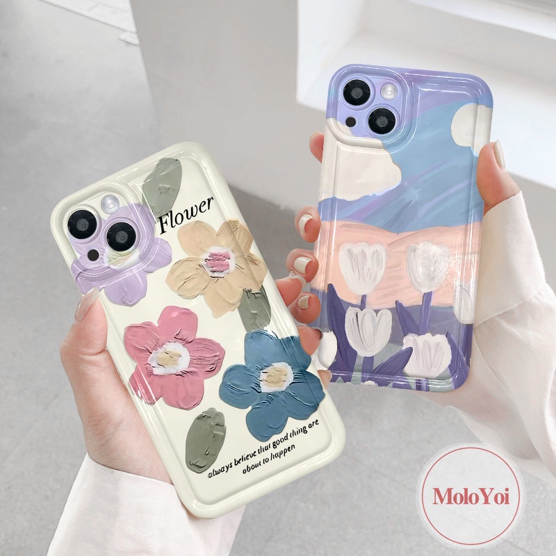 IPHONE Shockproof Airbag Fresh Art Flower Tulips Case Kompatibel Untuk Iphone14 11 13 12 Pro MAX 7Plus XR 6 6S 8P Plus X XS MAX Lukisan Cat Minyak Bunga Lembut TPU Silicon Clear Phone Back Cover