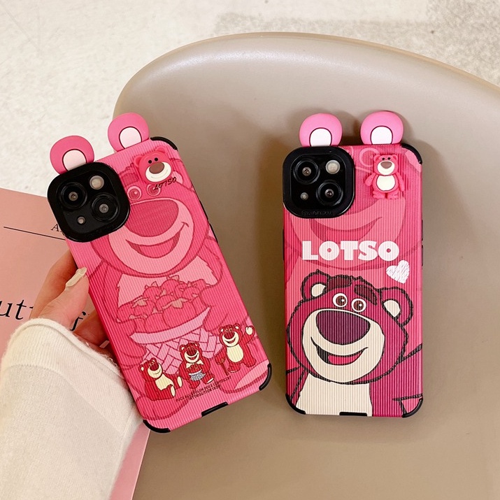 IPHONE Boneka 3D Motif Kuping Beruang Pink Rose Merah Kartun Manyo Soft Case HP iP Iphone7 8 14+Plus SE 2020 X XS XR 11 12 13 14 Pro Max Cewek Casing Apple