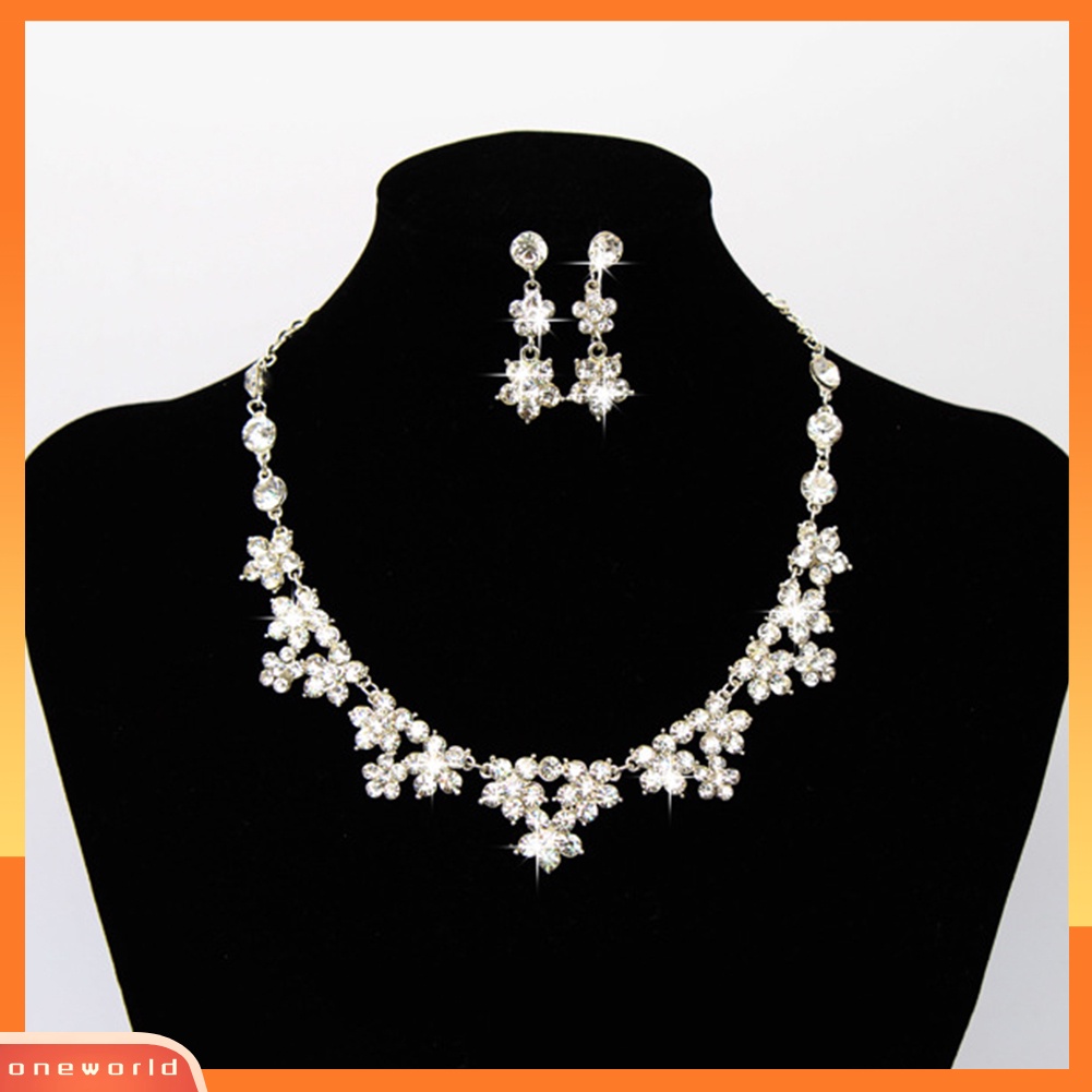 [ONE] Luxury Bridal Jewelry Shiny Rhinestone Cute Flower Crown Necklace Earrings Set