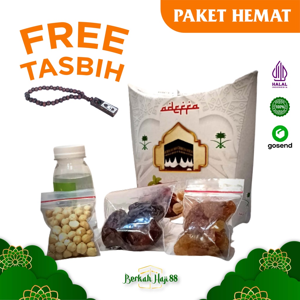 PAKET HEMAT Oleh Oleh Haji Umroh Souvenir Kardus Isi Air Zam Zam 60ml ,botol 80ml Kurma Kismis Kacang Arab