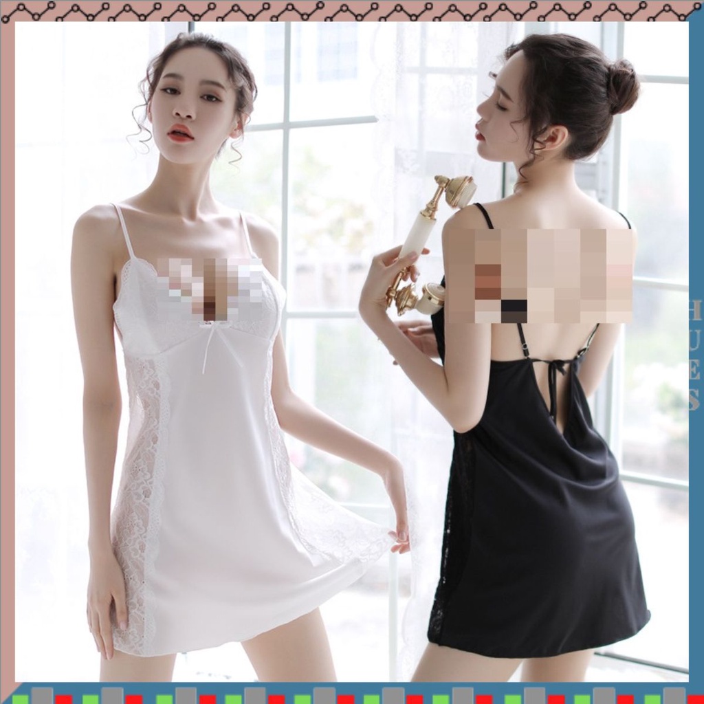 HUES.ID Lingerie Wanita Bahan Satin Renda Deep-V Neck Tanpa Lengan Baju 3150