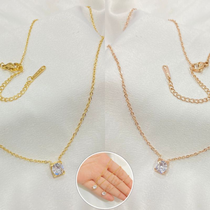 Kalung Titanium Model Kotak Permata Zircon Cantik Simple 0902a1