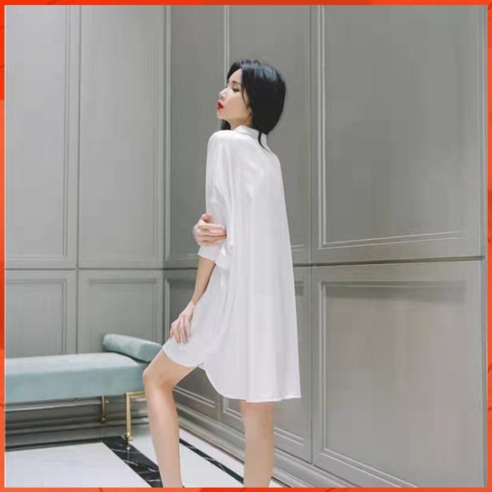 wanita COD Piyama baju tidur putih kemeja Dress panjang sexy bahan