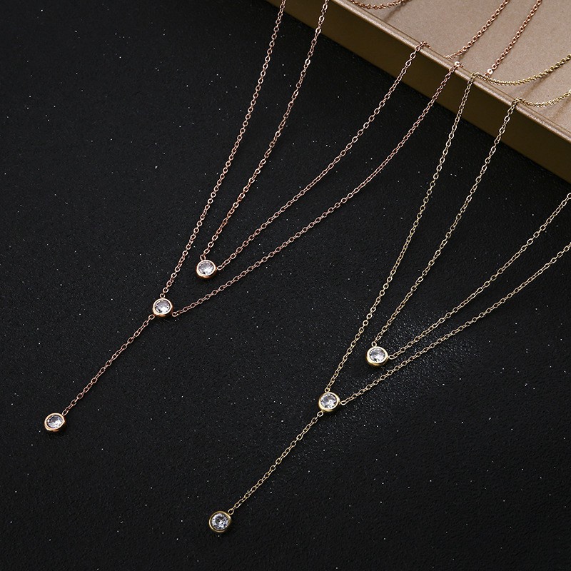 Kalung Rantai Klavikula Bahan Titanium Steel Plated 18K Rose Gold Aksen Berlian Rumbai Gaya Korea Untuk Wanita