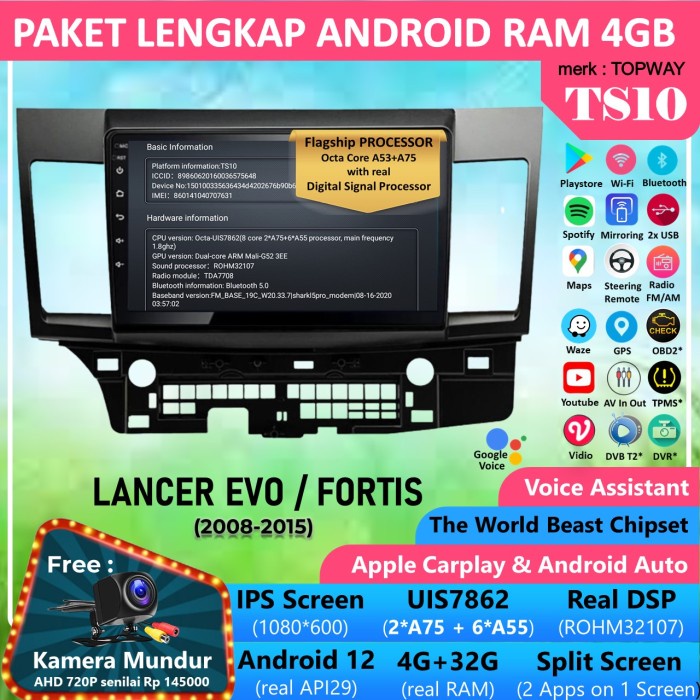 Frame+Soket+Headunit Android Lancer Evo X 2010 TS10 RAM 4GB 4G IPS - Paket Lengkap