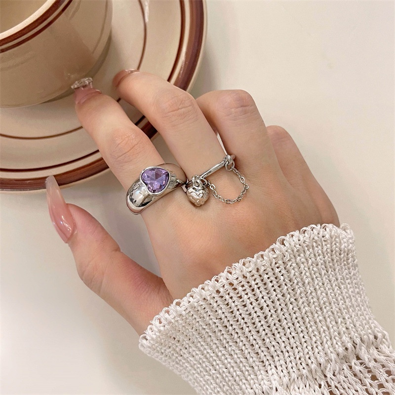 Cincin Love Ungu Manis Keren Love Rantai Rumbai Cincin Jari Telunjuk Terbuka