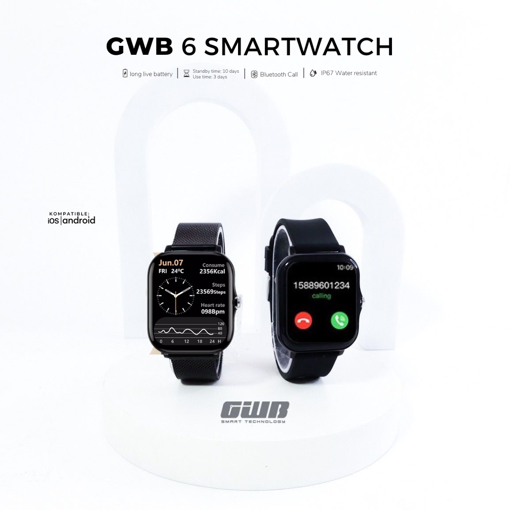 GWB 6 Smartwatch Original Magnetic Charging Kalkulator EKG HeartRate Sports Mode [FREE STRAP]