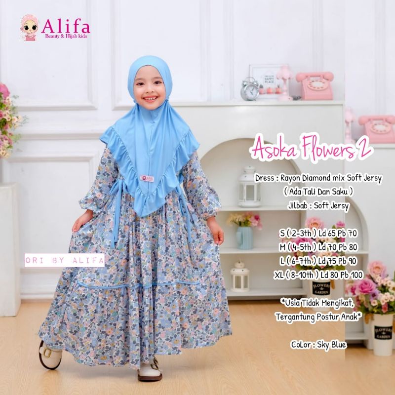 Restokkkkjk  gamis anak Asoka Flowers 2 Kids ori Alifa free bergo gamis COUPLE ibu dan anak