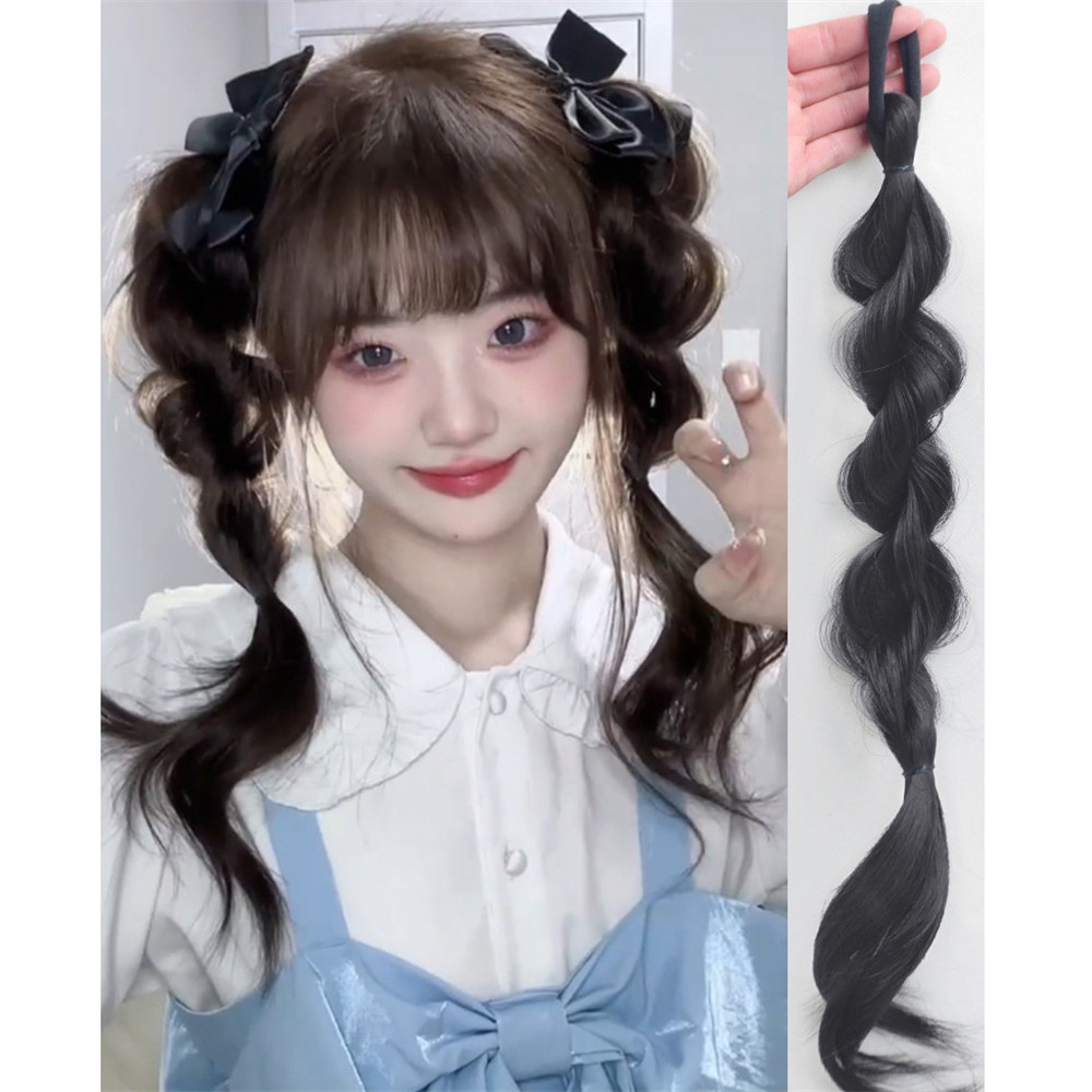 Y2k Manis Keren Gelembung Kepang double Ekor Kuda wig Berbulu Alami Imitasi Wanita Goreng Adonan Memutar Kepang wig 1pasang