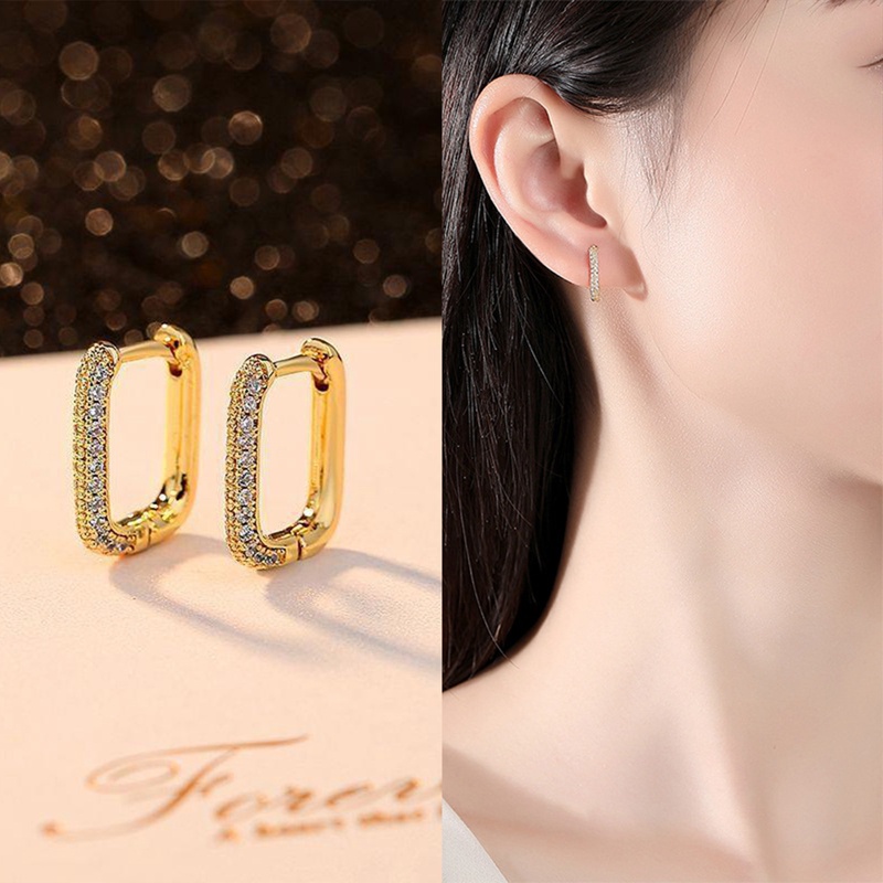 Anting Hoop Zircon Hitam Wanita Lapis Tembaga Dengan Emas Asli Square Earring Mewah Trend Pernikahan Aesthetic Perhiasan Hadiah