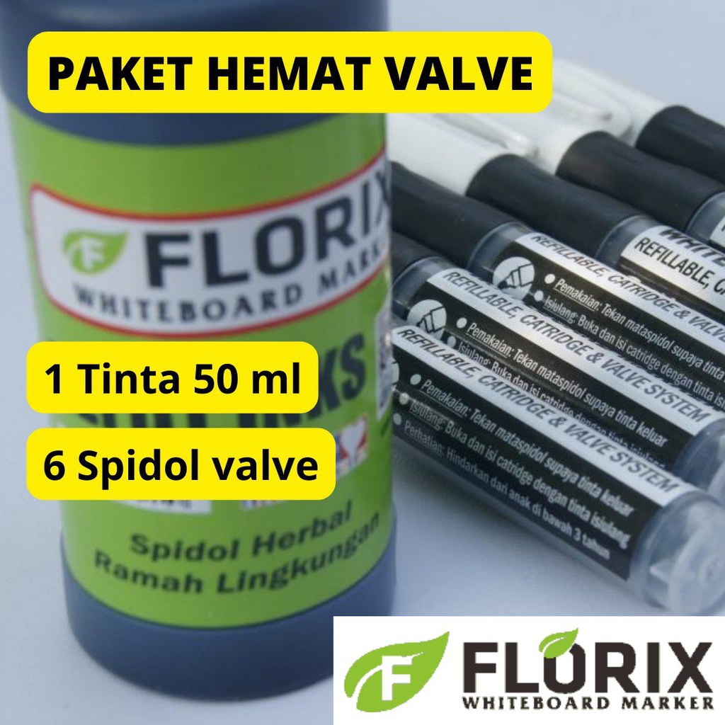

PAKET HEMAT FLORIX Spidol Whiteboard VALVE 6pcs dan Tinta Spidol 50ml - Warna Bisa Campur