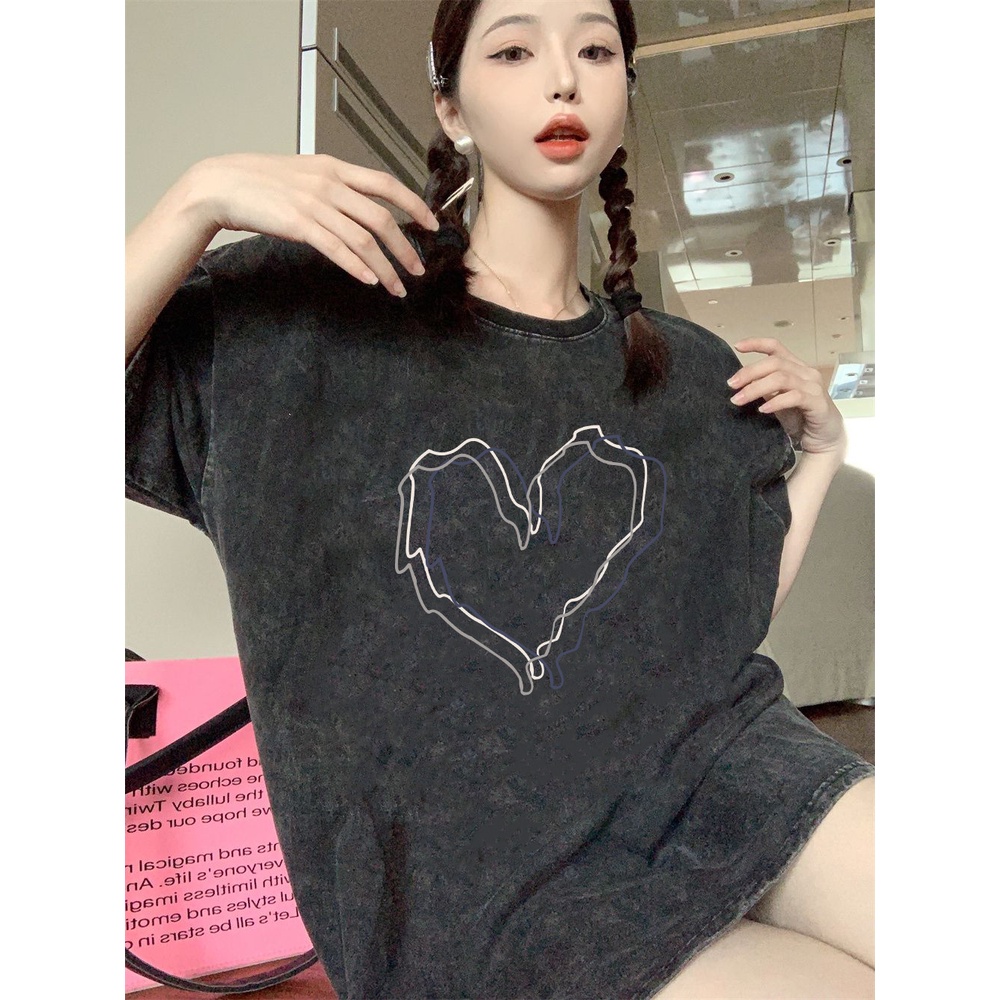 XIAOZHAINV Korean Style Heart Pattern Washed Printing Kaos Wanita