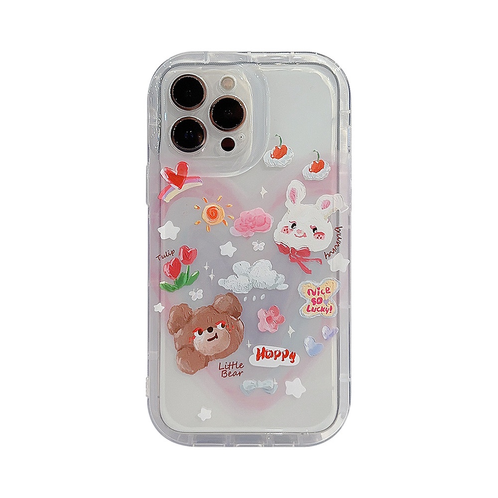 IPHONE Ins Musim Semi Lukisan Minyak Lucu Pelangi Beruang Kelinci Kartun Silikon Case Untuk Iphone14 11 12 13 PRO MAX Casing Cover Pelindung AT0058