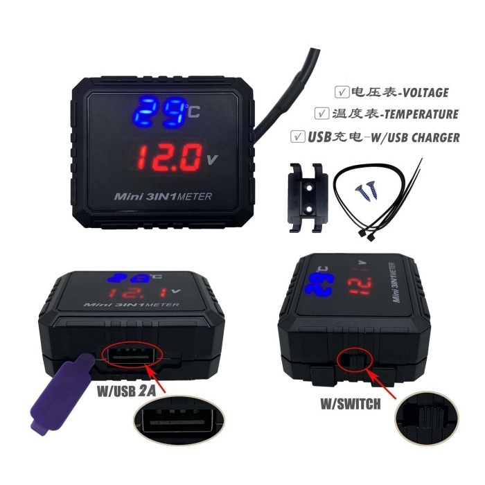 Listrik Voltmeter Koso Usb Charger Motor Temperatur Voltage Waterproff Kotak