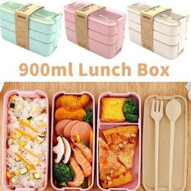 TEMPAT MAKAN 2 SUSUN SERAT JERAMI GANDUM 750 ML BPA FREE SENDOK GARPU / LUNCH BOX ENJOY FREE SENDOK SUMPIT