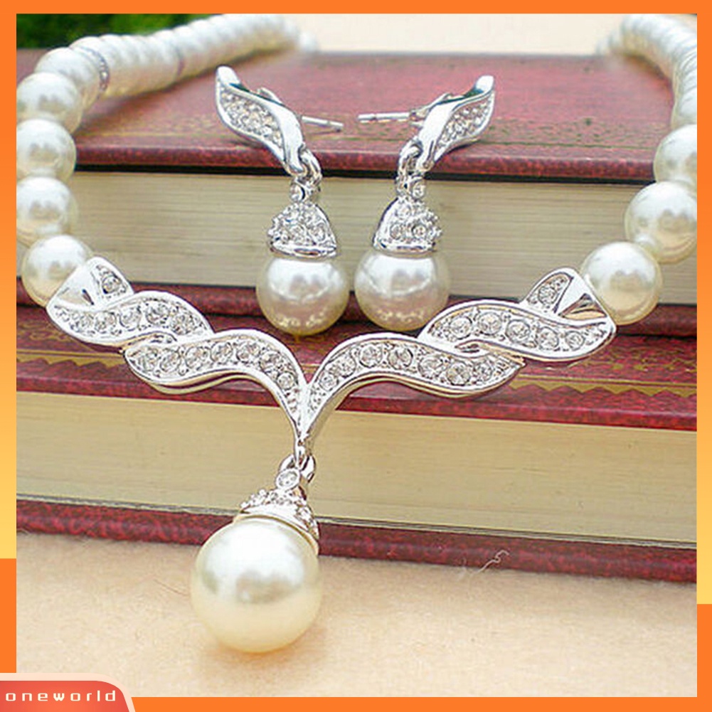 OW@ Bridal Women Necklace Faux Pearl Rhinestone Charms Wedding Earrings Jewelry Set