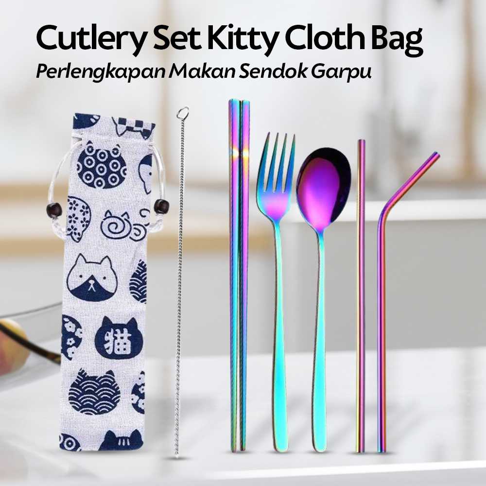 (BISA COD) FTIHSHP Tofok Cutlery Set Perlengkapan Makan Sendok Garpu Kitty Cloth Bag - T5