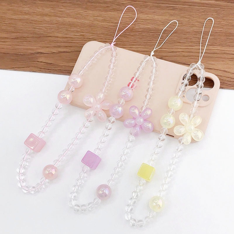 Bunga Akrilik 3D Manik-Manik Bulat Transparan Rantai Anti Hilang Untuk iPhone Android OPPO VIVO Huawei Xiaomi Redmi Samsung Semua Ponsel Earphone Cases