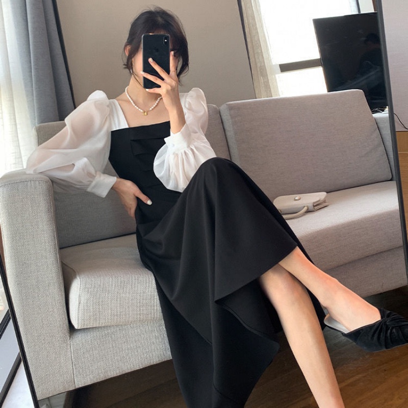 Korea style a-line hitam dress minimalis fashion dress Lengan Panjang Dress