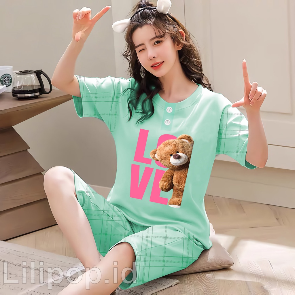 Lilipop.id  Baju Tidur Wanita Love bear pants Celana Pendek Allsize Baby Doll Bahan Kaos Dewasa