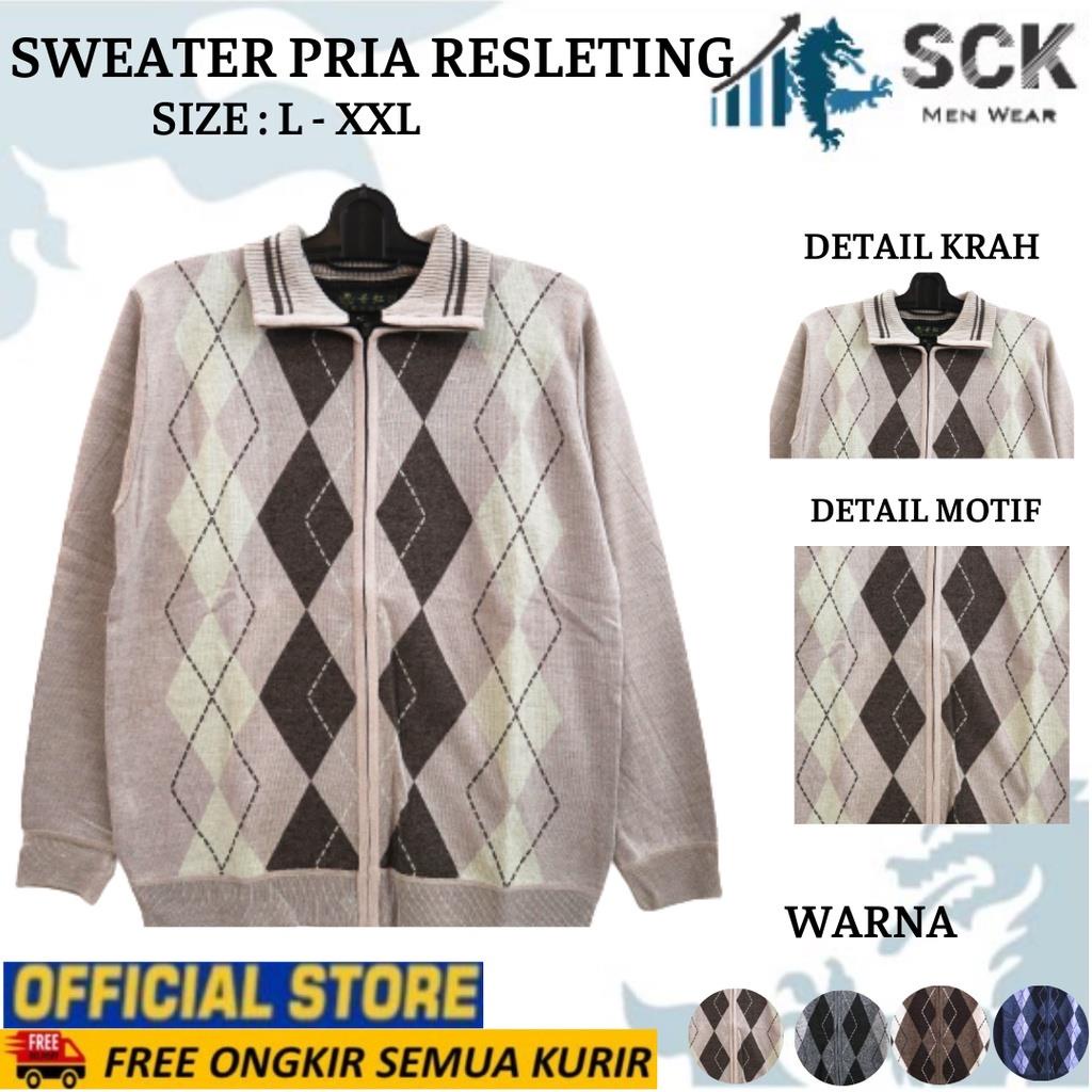 Sweater Pria Rajut Krah Resleting Full Motif Casual - sckmenwear GROSIR