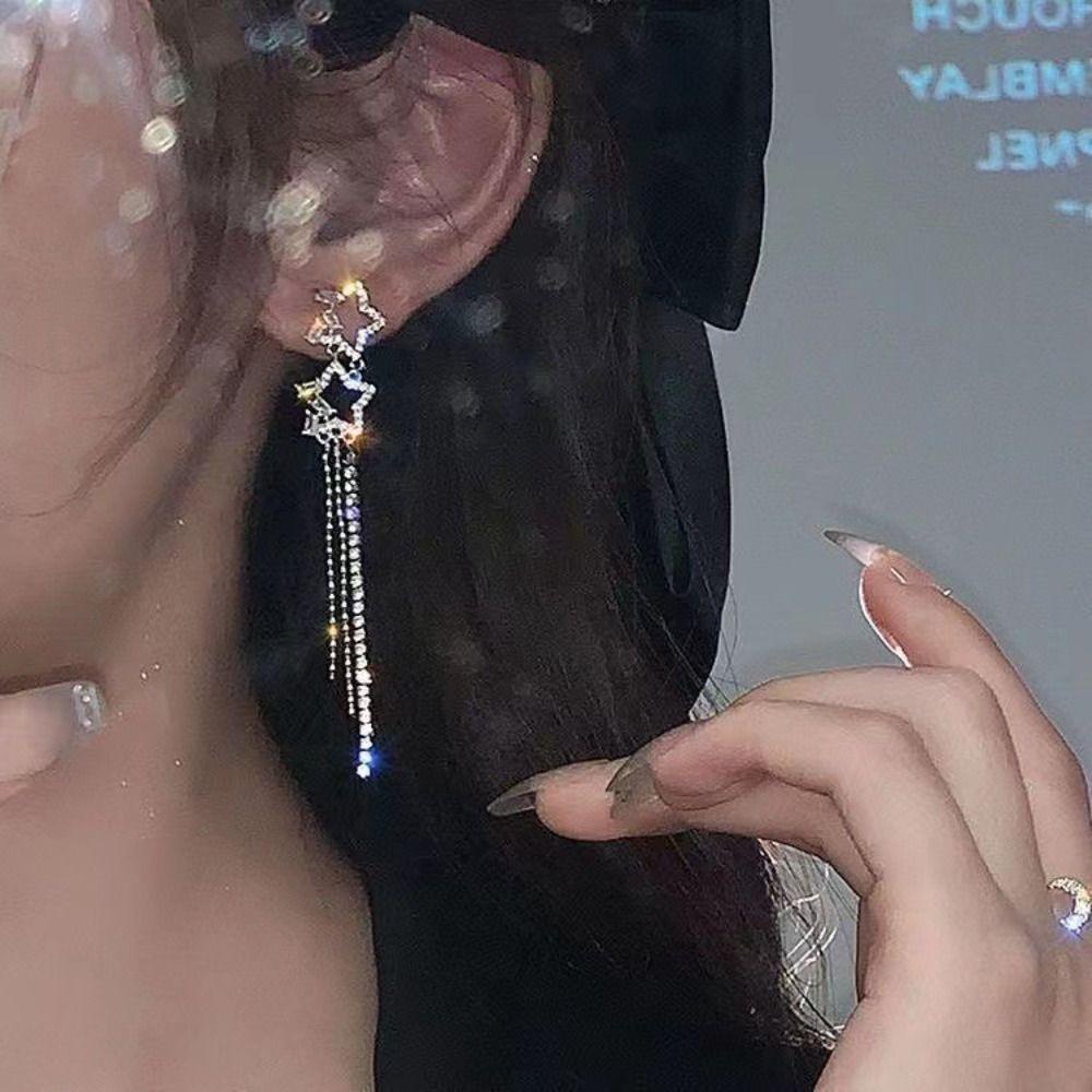 Mxbeauty Anting Gantung Wanita Elegan Geometris Mewah Bintang Rumbai Geometris Kristal Fashion Perhiasan