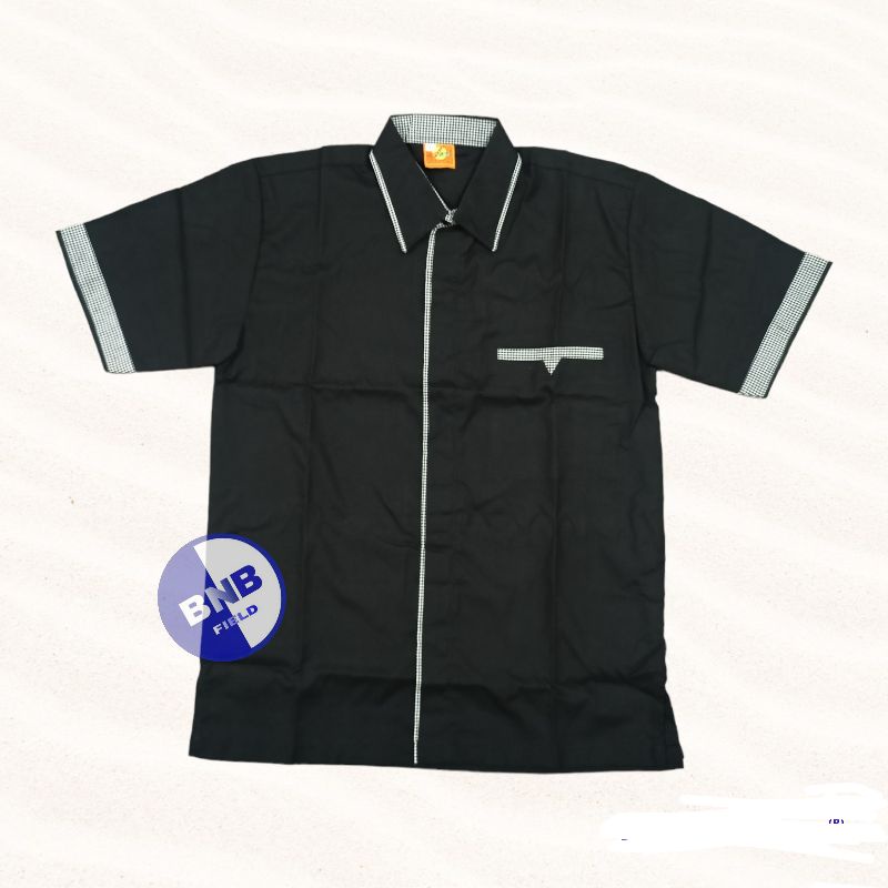 KEMEJA SERAGAM HITAM LIS KOTAK PUTIH BAHAN AMERICAN DRILL