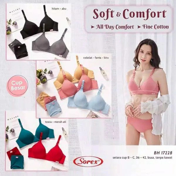 Bra Sorex 17228 Tanpa Kawat Busa Sedang Kait 3 Setara Cup B / Bh Sorex Soft Comfort NYAMAN DI PAKAI