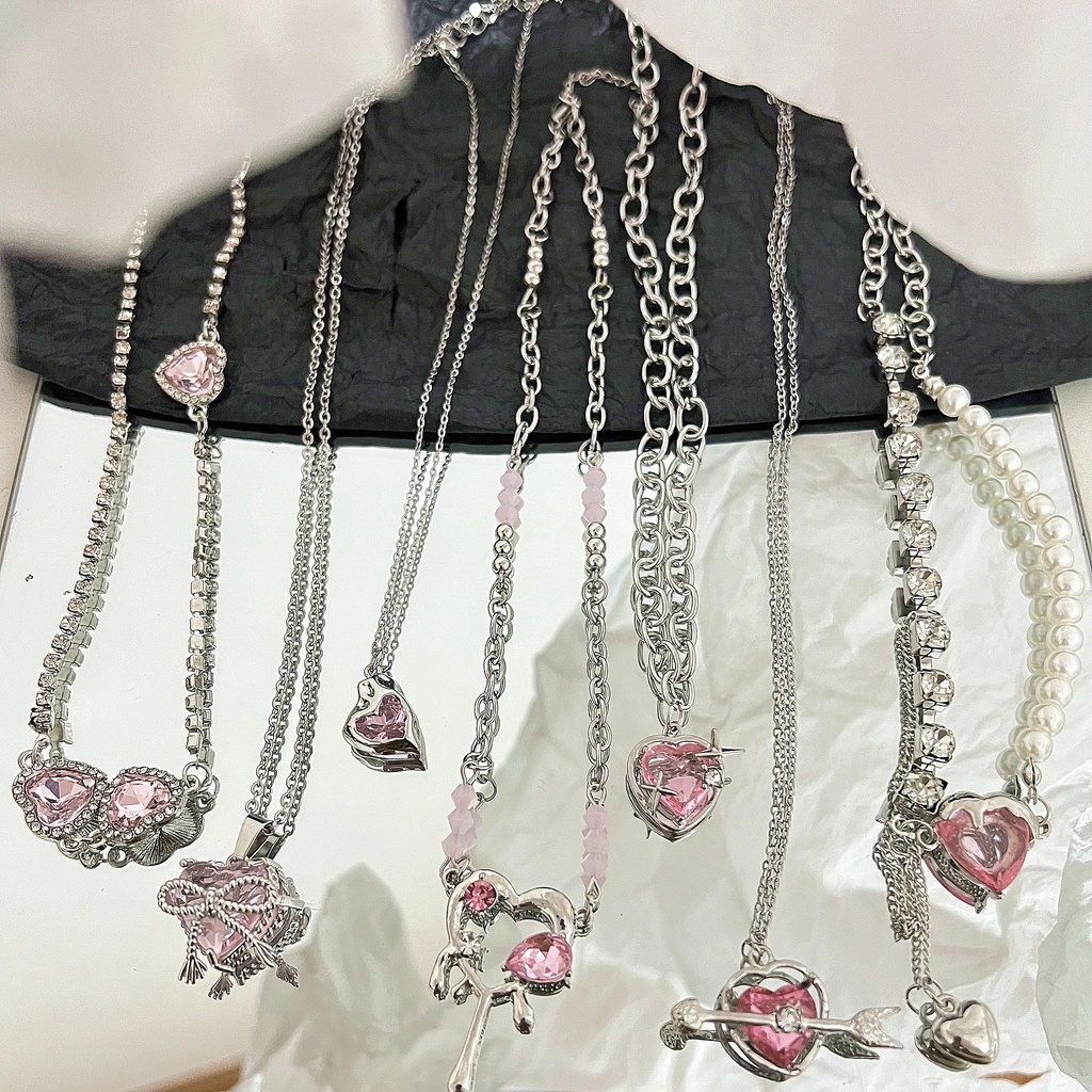 Kalung Liontin Cupid Kristal Pink Manis Berongga Jantung Salib Rantai Perak Choker Untuk Aksesoris Perhiasan Wanita