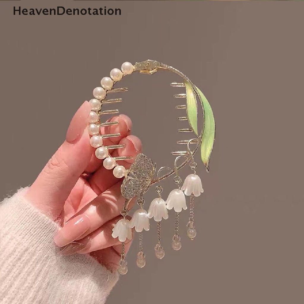 [HeavenDenotation] Berlian Imitasi Mutiara Rambut Sanggul Cakar Bell Anggrek Rumbai Rambut Kepiting Klip Wanita Ponytail Holder Jepit Rambut Hair Claw Aksesoris Fashion HDV