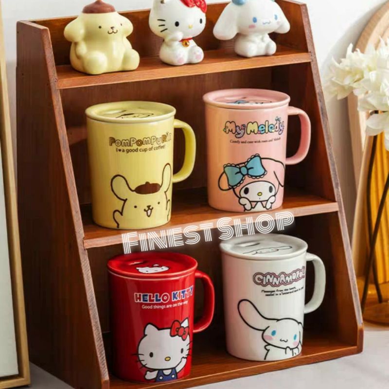 Gelas Keramik SANRIO Cinnamo Melody Pochacco Pita Rainbow Macaron Rabbit Panda Bee Cat Chick Penguin Cow Bear Honey Cup Aesthetic Mug Lebah Madu Kucing Sapi Beruang Teddy Sendok Stainless Cangkir Unik Hadiah Kado Tempat Minum Souvenir Tea Coffee Milk Gift