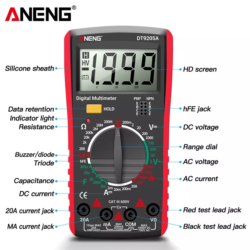 Multimeter Digital Avometer Multitester NCV DT9205A DMM Multimeter Profesional Digital HFE AC DC Tegangan Saat Ini 1000V 20A Tester Dioda Kontinuitas Resistensi Kapasitansi ANENG Digital Multimeter Voltage Tester - DT9205A-3