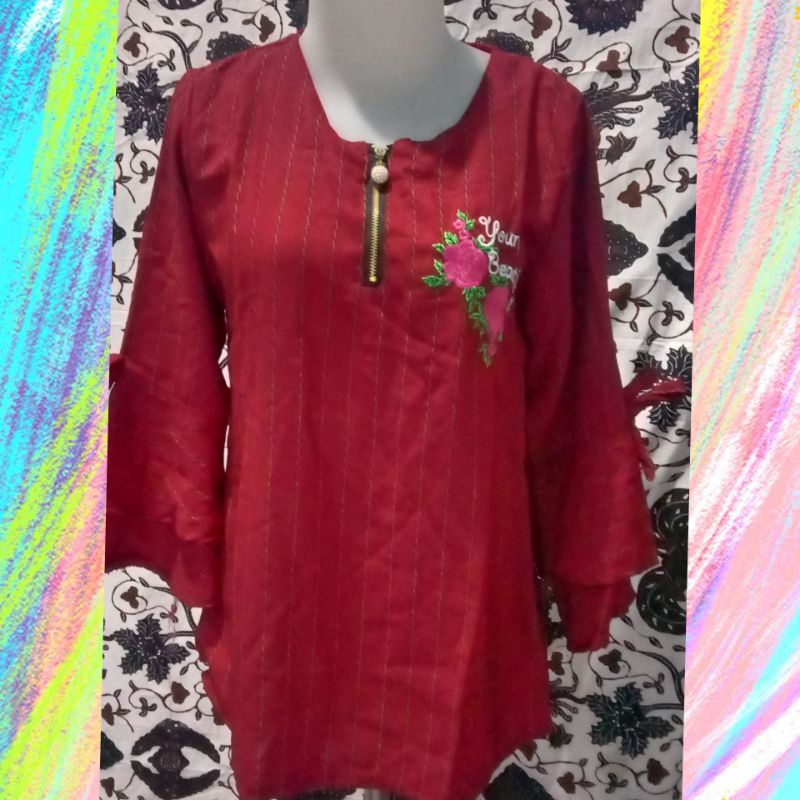 blouse bahan screp merah tebal putih rempel