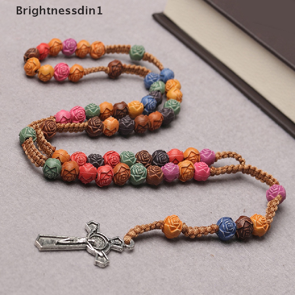 [Brightnessdin1] Kalung Liontin Salib Warna-Warni Katolik Yesus Kristen Doa Manik-Manik Kalung Perhiasan Keagamaan Butik