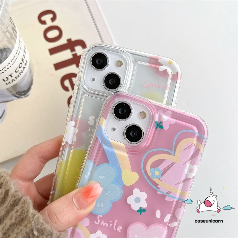 Compatible For iPhone 11 14 13 12 Pro Max 7 8 6 6S Plus XR X XS MAX Ins Korea Lucu Senyum Segar Cat Air Bunga Awan Cinta Hati Lembut TPU Penutup Belakang Shockproof Airbag Case