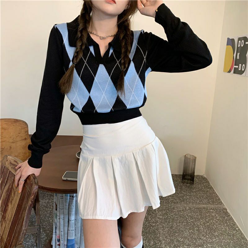 Argyle Knit Crop Top Blue Black Polo Collared Longsleeve Patterned |y2k Korean fashion style academi