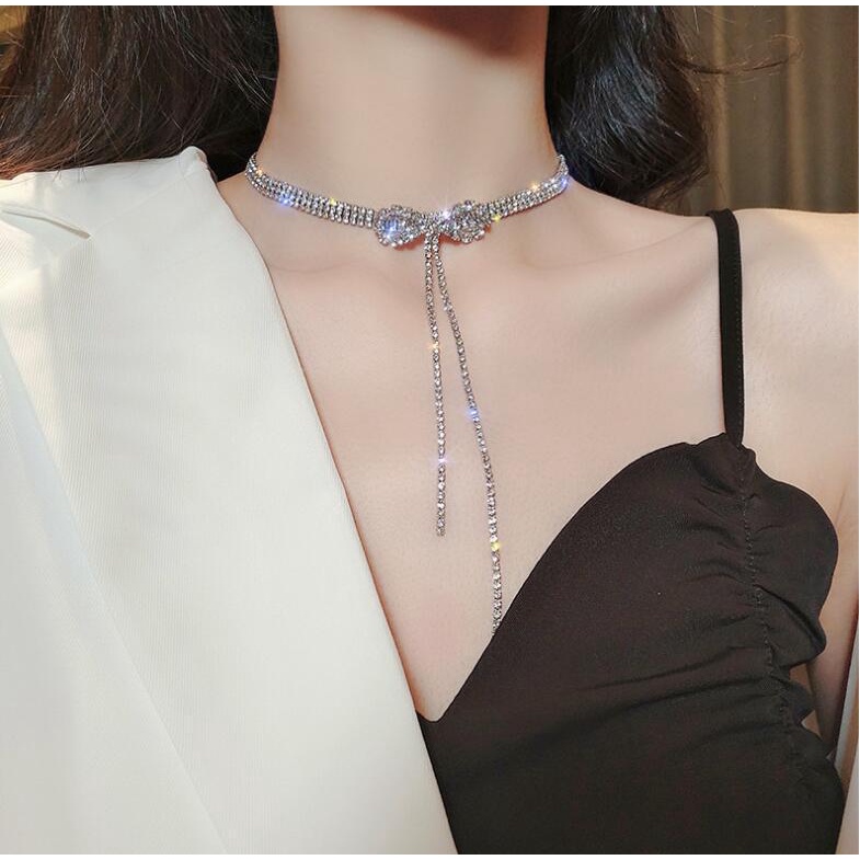 IFYOU Kalung Busur Elegan Choker Rantai Kerah Rumbai Silver Untuk Aksesoris Perhiasan Wanita