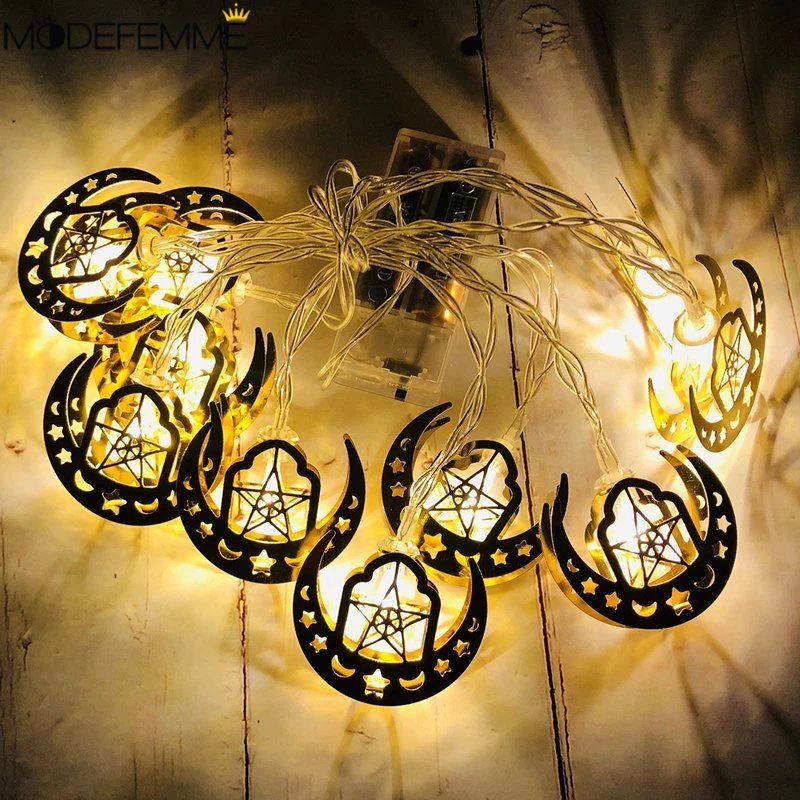 Festival Pesta Retro Dekorasi Seni Besi DIY Hangat String Light Kamar Taman Bar Dekorasi Alat Peraga Castle Bulan Bintang Lampu Gantung Tenaga Baterai Pencahayaan Ornamen 10led Lebaran String Lampu