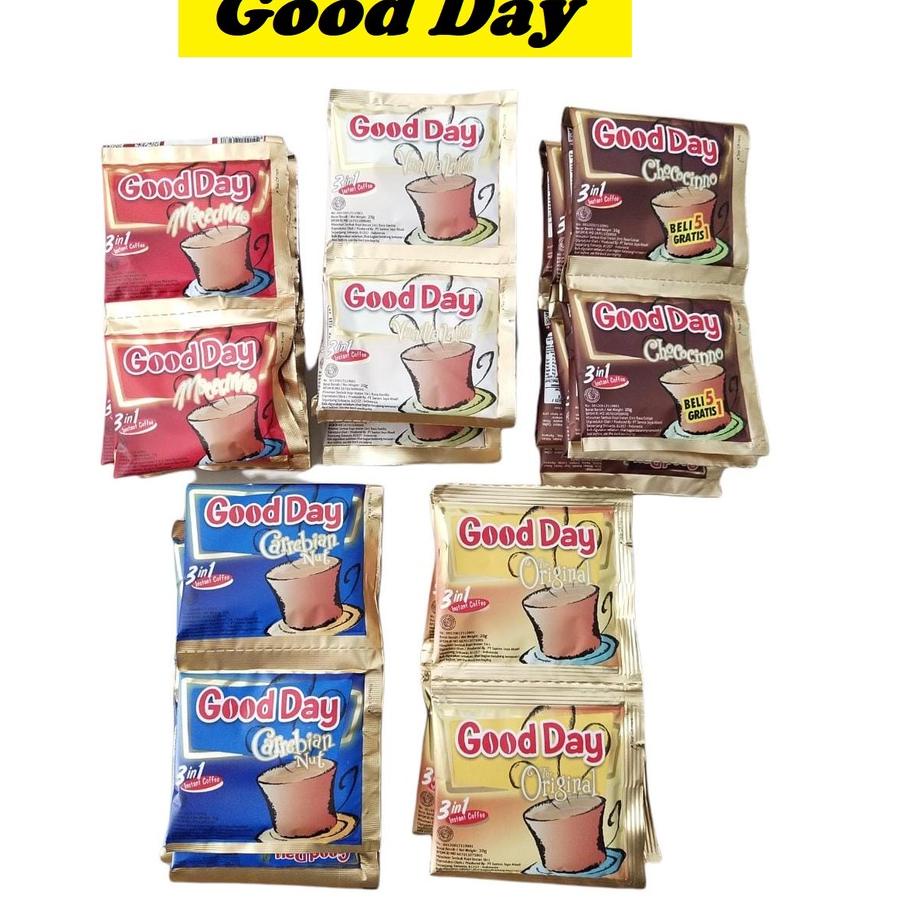 

Bagus!!!!!! Kopi Good Day Chococinno Carrebian Nut Mocacinno Vanilla Latte Original FREEZE 20gr 10 bungkus/renceng Goodday