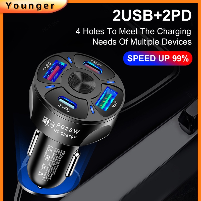 Charger USB Mobil Double-line PD 20W 4port Quick Charge QC3.0 Adaptor Pengisian Cepat Untuk i-phone -Type C Android Car Charger