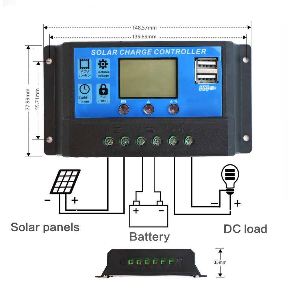 Solar Charge Controller LCD LED Display Solar cell PWM 12V/24V 10A - 60A