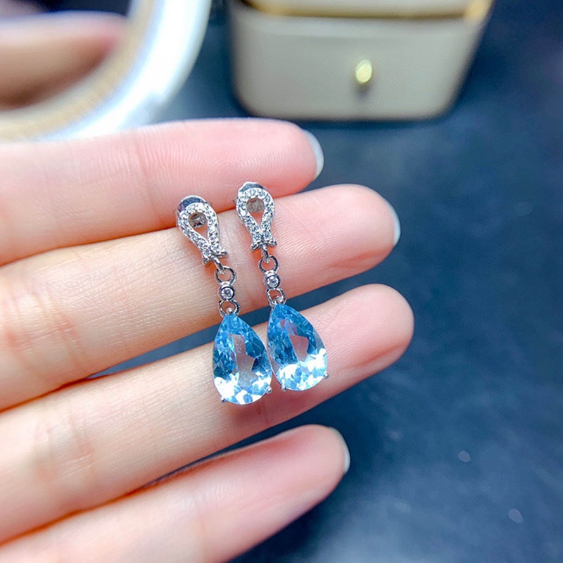 Temperamen Sky Blue Pear Cubic Zirconia Drop Earrings Metal Warna Perak Halus Anting Pertunangan Untuk Wanita Pesta Perhiasan Trendi